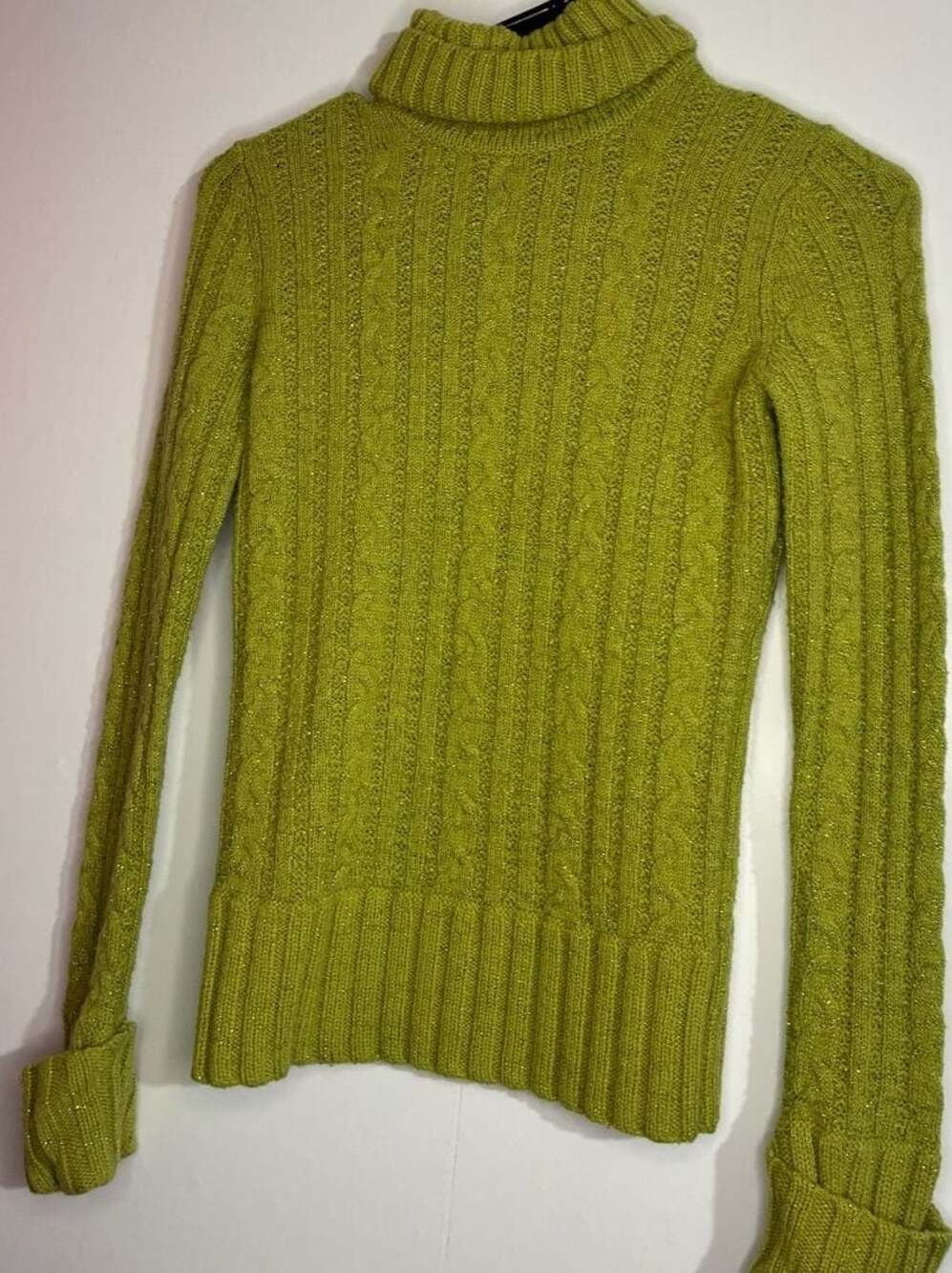 Express Women's Lime Green Shimmery Cable Knit Turtleneck Sweater Size S